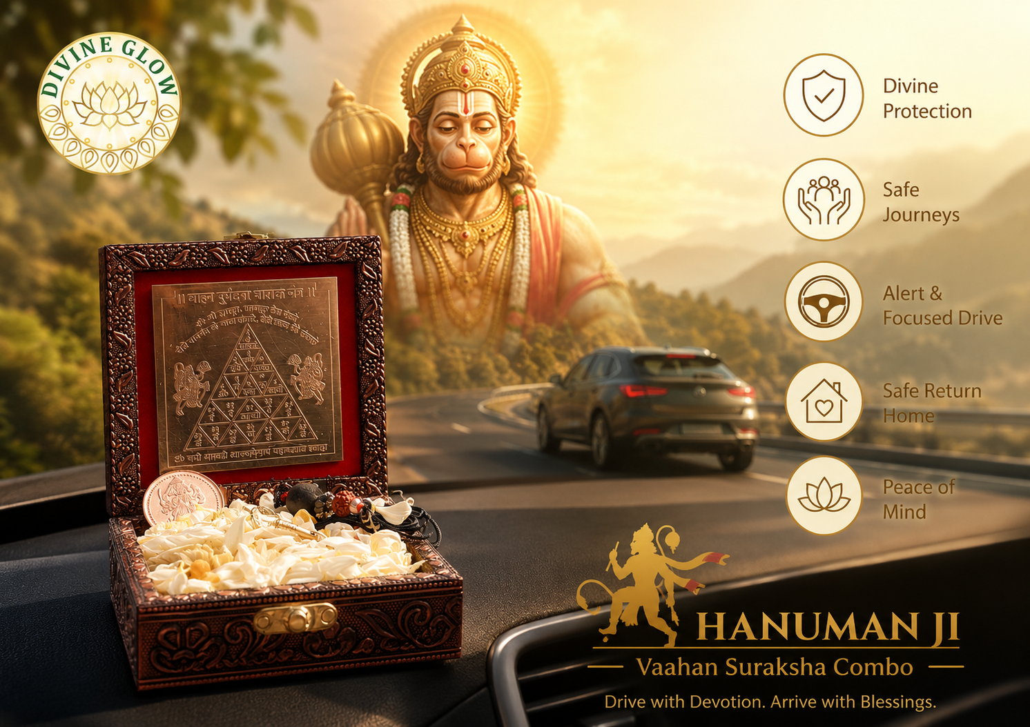 DIVINE GLOW Hanuman Ji Vaahan Suraksha Combo | Hanuman Ji's Divine Protection for Car, Bike & All Vehicles.