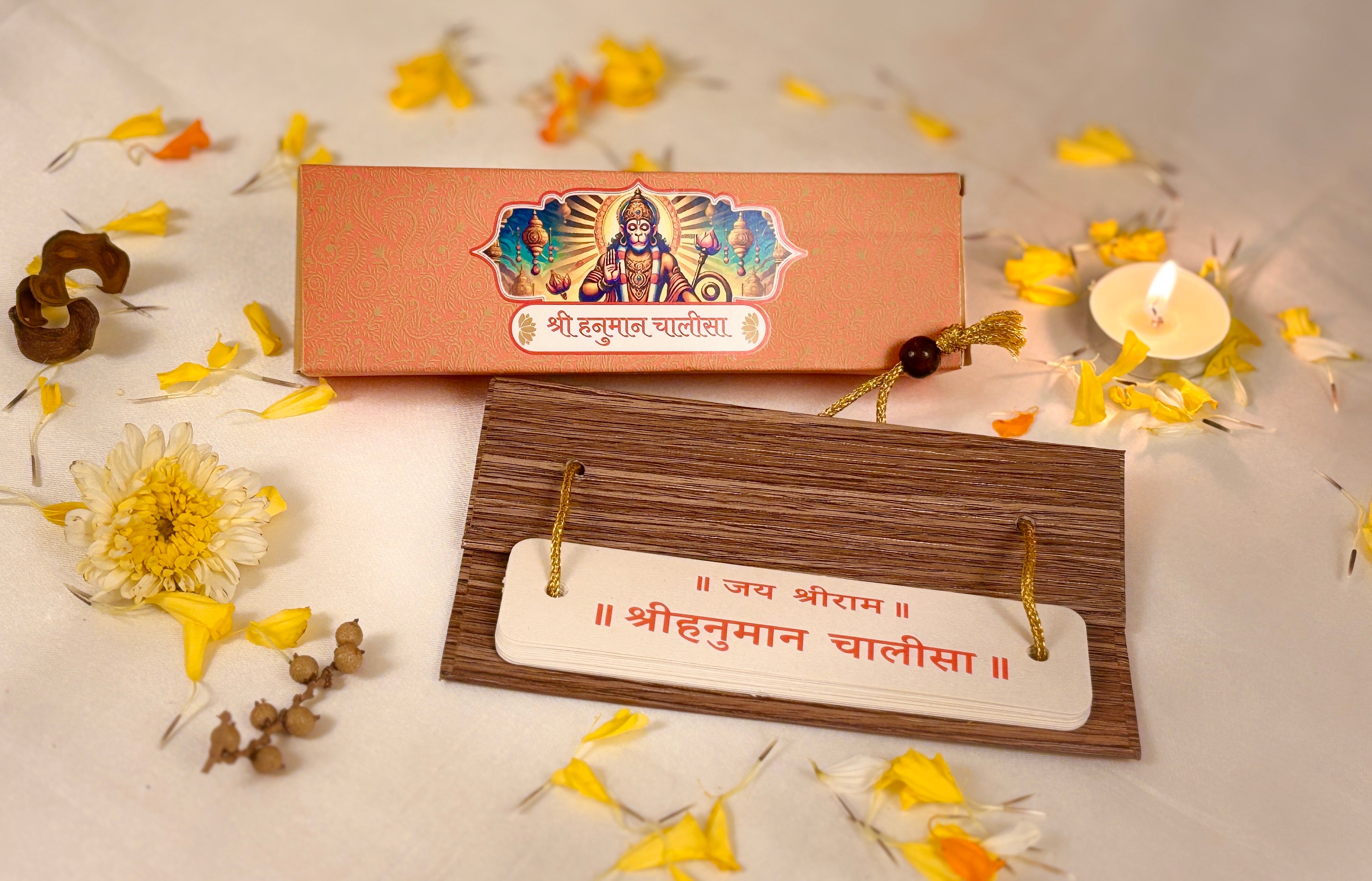 DIVINE GLOW Shri Hanuman Chalisa Wooden Book | Sankat Se Mukti, Hanuman Ji Ki Bhakti | Sacred Home Mandir Decor, Positive Energy & Religious Gift