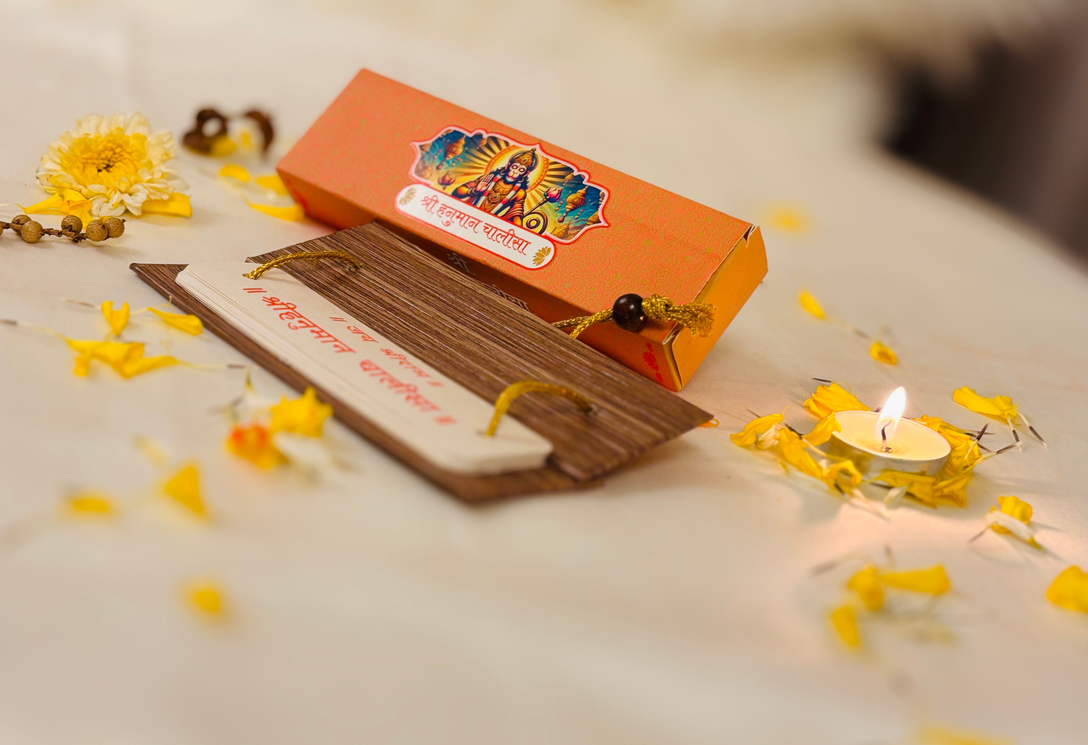 DIVINE GLOW Shri Hanuman Chalisa Wooden Book | Sankat Se Mukti, Hanuman Ji Ki Bhakti | Sacred Home Mandir Decor, Positive Energy & Religious Gift
