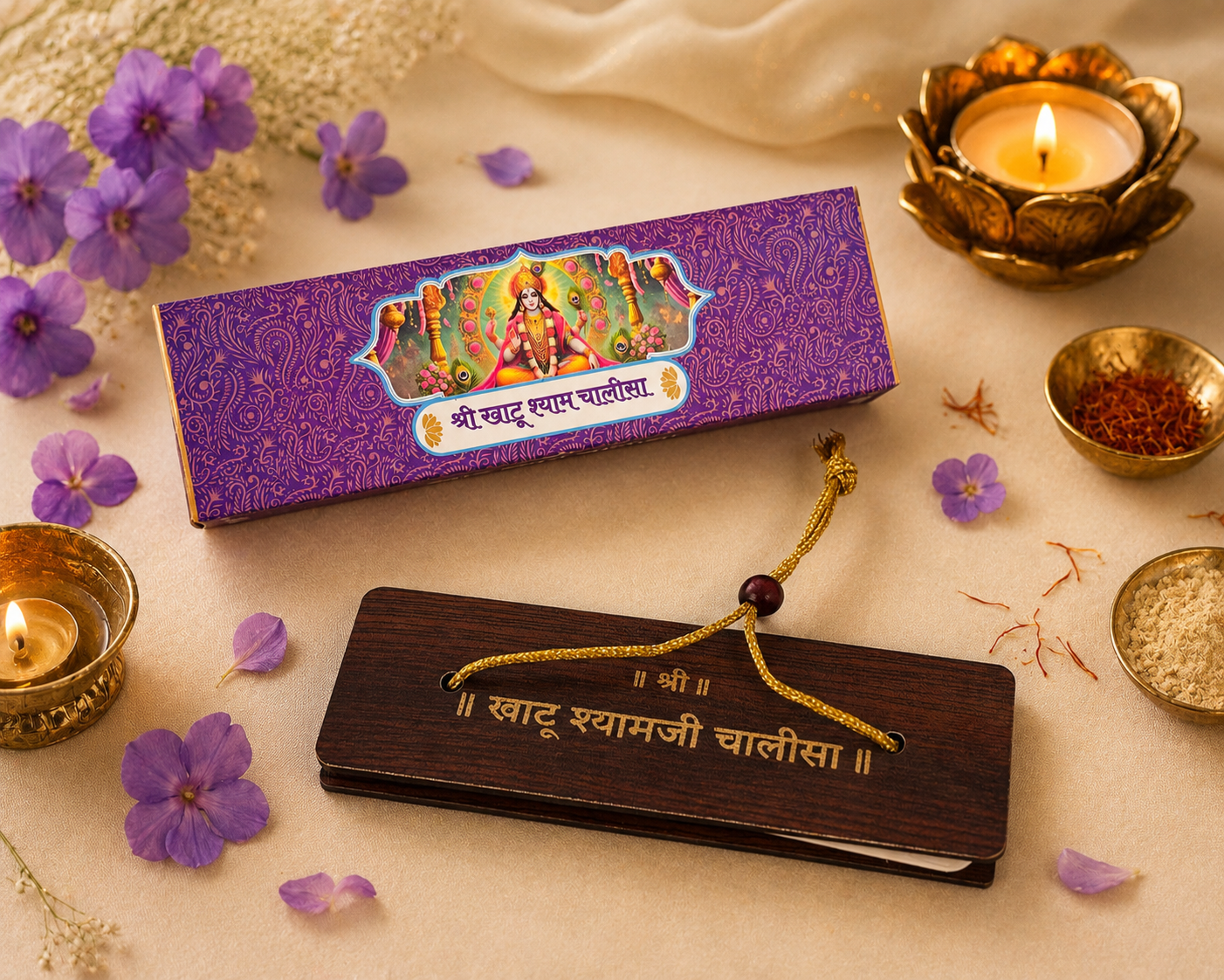 DIVINE GLOW Shri Khatu Shyam Chalisa Wooden Book | Jo Haare Ka Sahara Hai, Woh Khatu Shyam Hamara Hai | Sacred Home Mandir Decor & Religious Gift