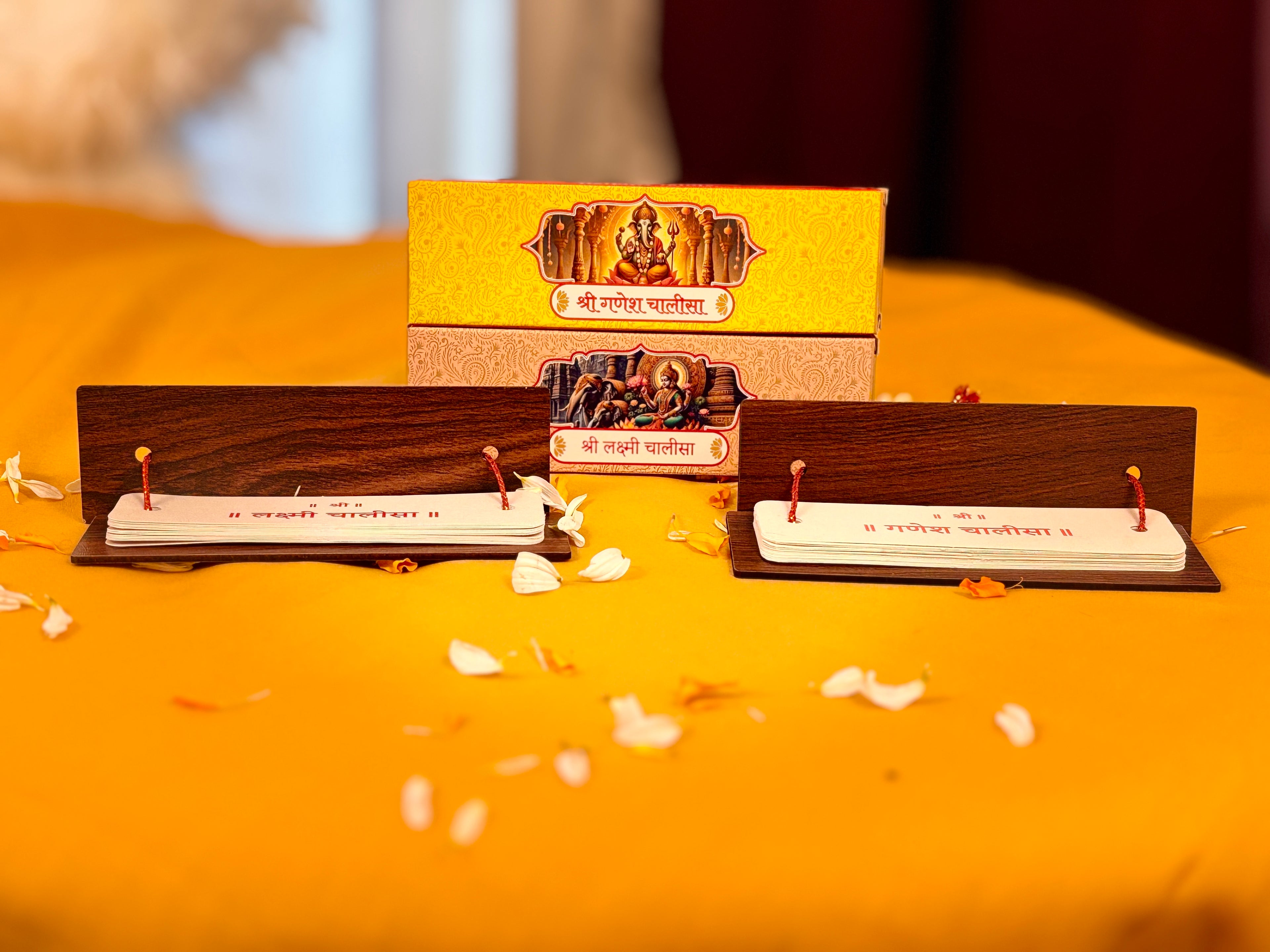 DIVINE GLOW Shri Lakshmi & Shri Ganesh Chalisa Wooden Book Combo | Religious Decor for Home Temple & Office | Brown & Gold | Spiritual Pooja Accessory for Wealth, Prosperity, Success & Positive Energy